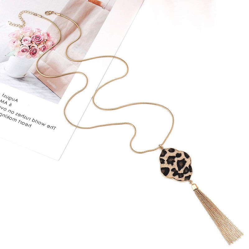 PHALIN Long Necklace for Women Leopard Quatrefoil Pendant Necklace Bohemia Fringe Tassel Necklaces Y Chain Necklace Fashion Jewelry (A Gold-Leopard) - Image 5